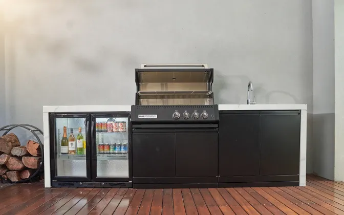 TCX XPlor outdoor kitchen- Black BBQ white benchtop Instiu – Open lid TCX XPlor outdoor kitchen- Black BBQ white benchtop Instiu - Open lid