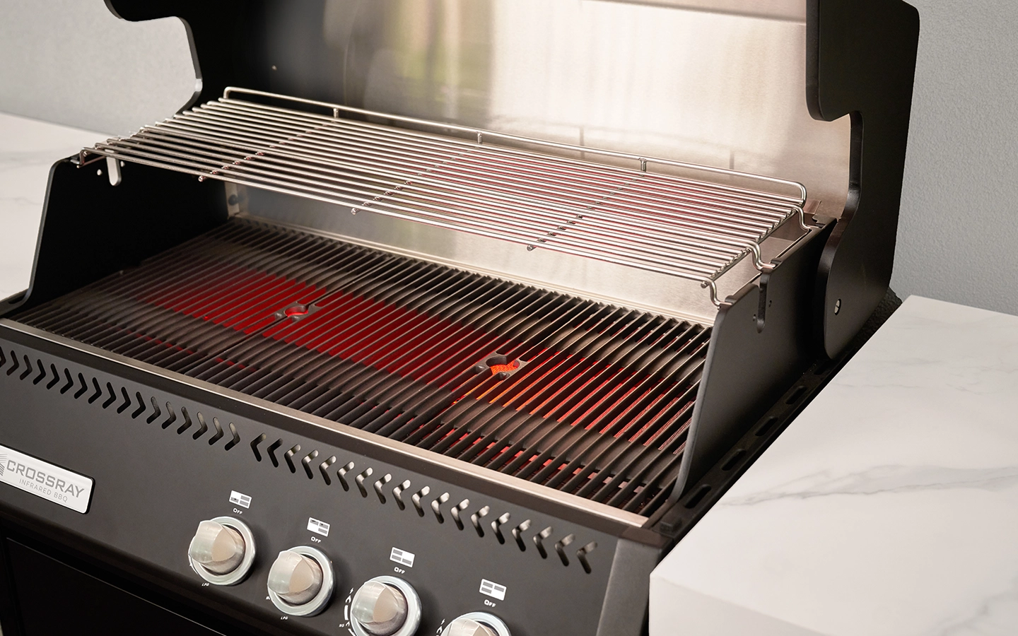 TCX XPlor outdoor kitchen- Black BBQ white benchtop Instiu – Close up TCX XPlor outdoor kitchen- Black BBQ white benchtop